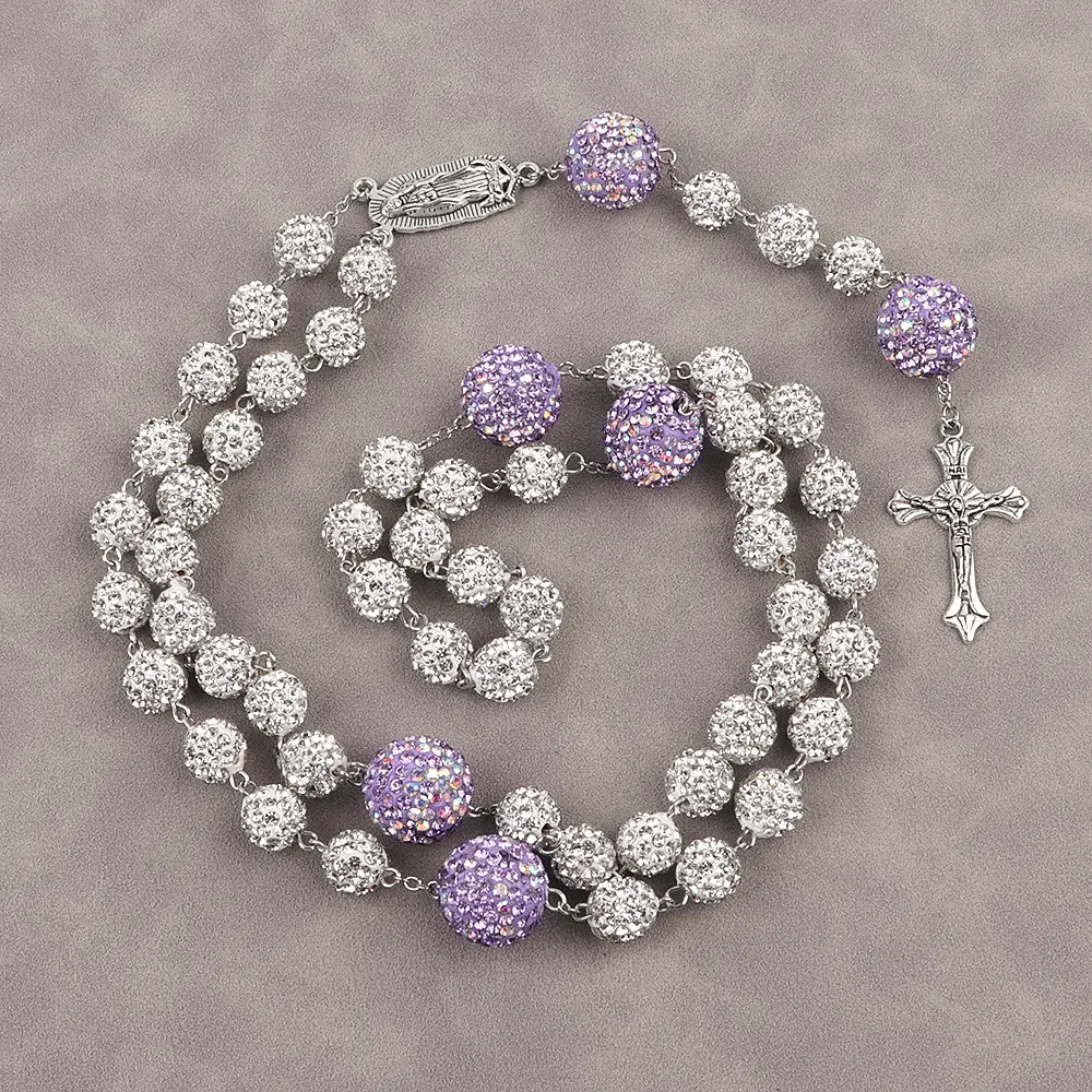 Prayer bead necklace AB color violet+whi