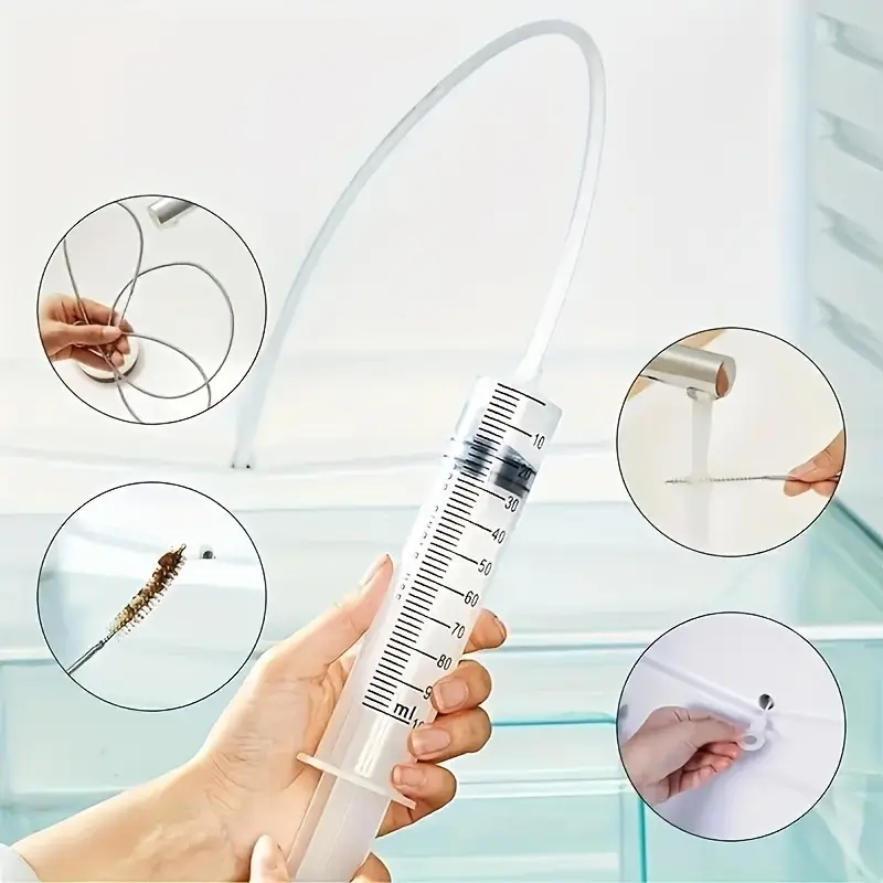 5pcs Set Refrigerator Drain Cleaning Tools, Flexible Injector Hose Plunger and Long Brush for Easy Refrigerator Unclogging, Drain Hose Included
