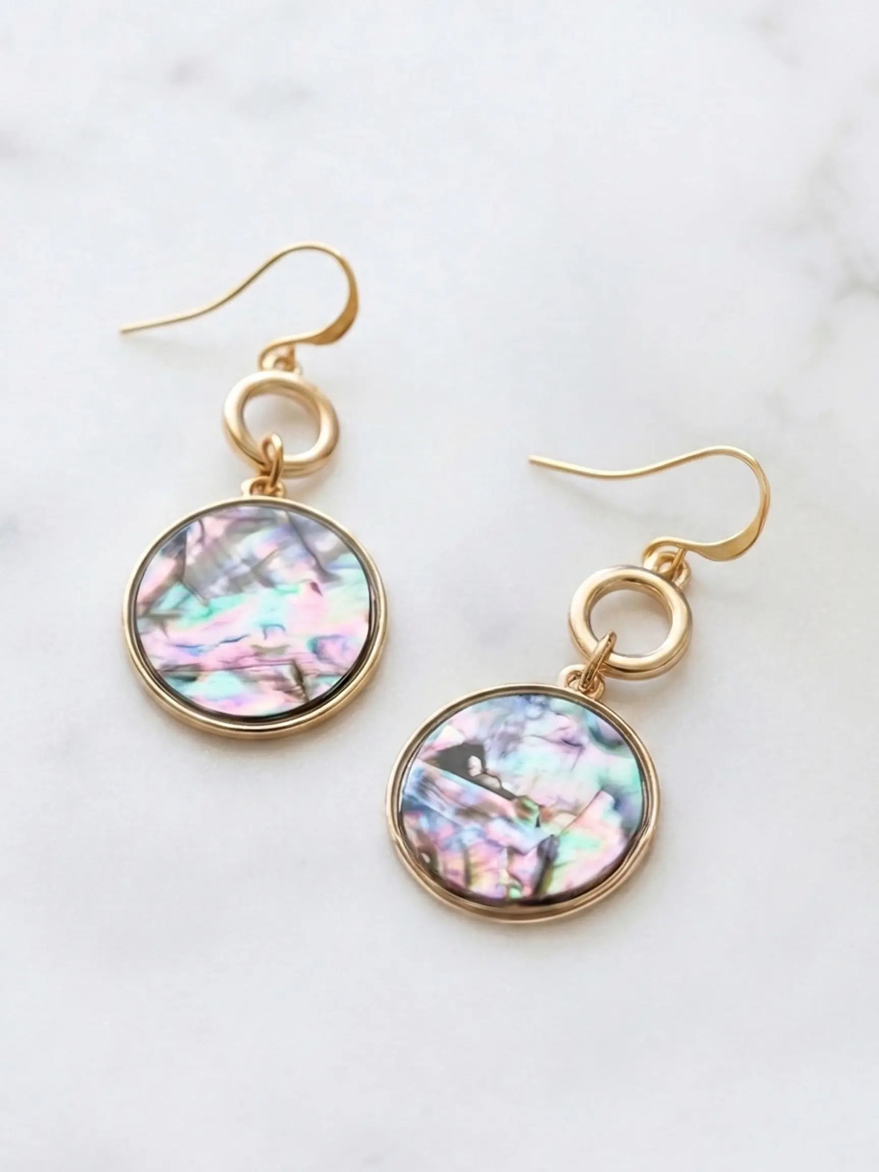 Bauble Sky Abalone Shell Earring - Circular Design with Gold-tone Finish and Elegant Chain