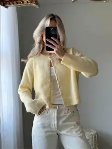Women's Solid Color Button Front Sweater Cardigan, Casual Long Sleeve Knitwear for Spring & Fall, Fashion Women's Knit Clothing for Daily Wear, ward  robe chic open front sweater cardigan summer  night  outfit Ruched Square Crewneck
