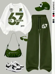 Women's Casual Loose Fit Two-Piece Set, Digital Print Hoodie and Wide Leg Pants, Fall Winter, Sexy Style, All Seasons, Womenswear