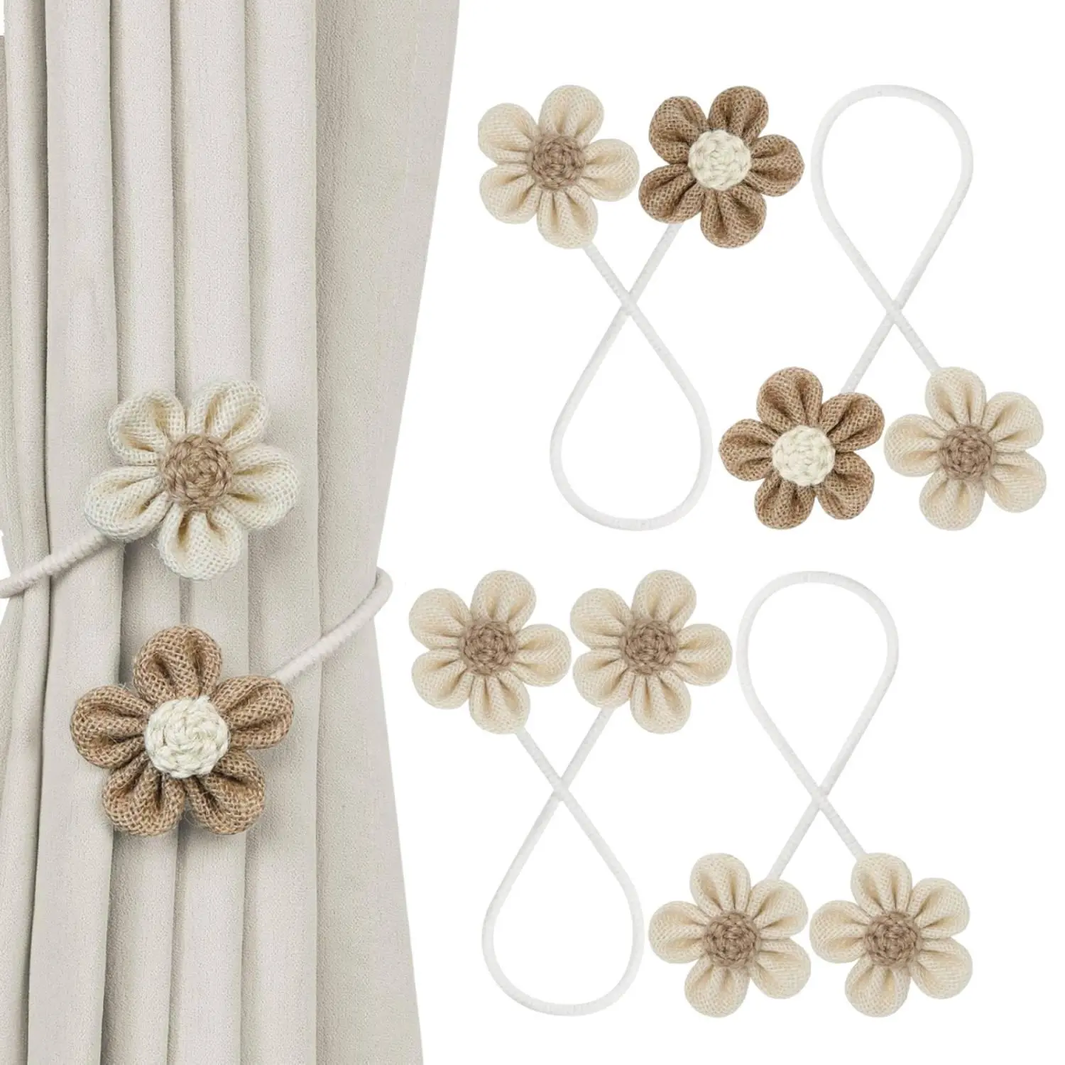 4pcs Rustic Natural Cotton Durable 18.9in Boho Flower Shape Curtain Tiebacks - No Drilling, Easy to Use, Adjustable Twist Window Drape Holdbacks for Living Room, Farmhouse Kitchen Decor Accessories