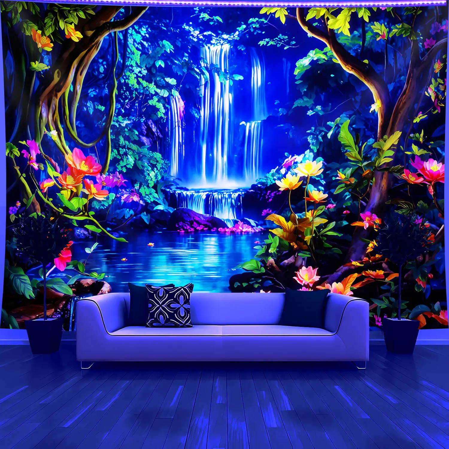 1pc- Glow In The UV Light- Vibrant Forest Wonderland Waterfall Tapestry, Large Size Peach Skin Fluorescent Aesthetic Printing Tapestry, Bedroom Aesthetic Hanging Tapestry For Party Festival, Bedroom Home Versatile Decor, Wall Decoration With Accessories