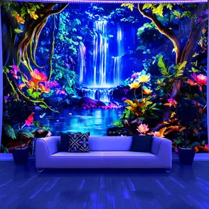 1pc- Glow In The UV Light- Vibrant Forest Wonderland Waterfall Tapestry, Large Size Peach Skin Fluorescent Aesthetic Printing Tapestry, Bedroom Aesthetic Hanging Tapestry For Party Festival, Bedroom Home Versatile Decor, Wall Decoration With Accessories