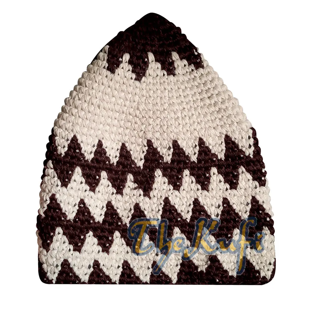 Hand-Crocheted Cotton Sturdy Dark Brown & Off-White Zigzag Kufi Hat