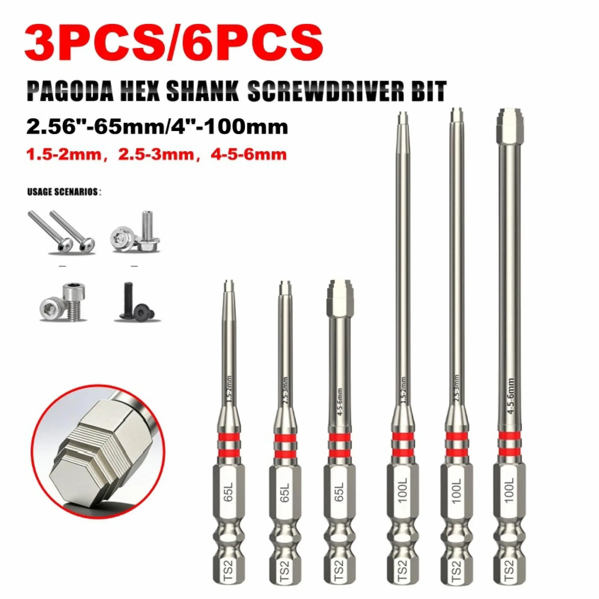 6-Piece Magnetic Shank Hex Screwdriver Bit Set, Steel Bits with Pagoda-Style Stepped Hex Design for Electric Drills, Wrenches (Millimeters Compatibility)
