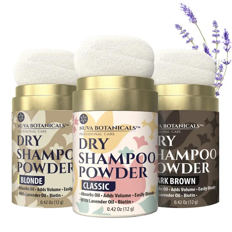 Nuva Botanicals Non Aerosol Dry Shampoo Powder 3 Pack – Oil Absorbing Hair Refresh with Biotin, Lavender Extract & Korean Ginseng - Travel Size Volumizing Dry Shampoo for Women