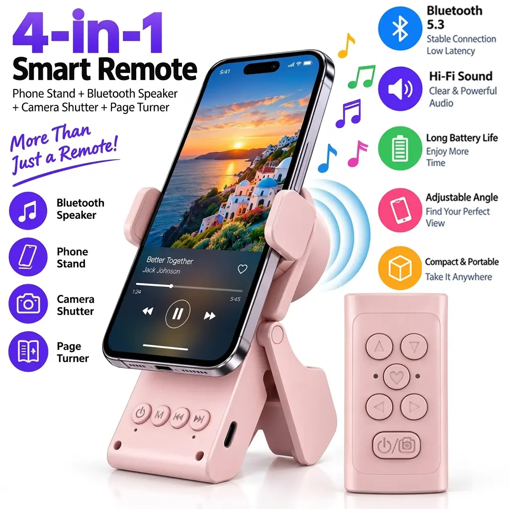 【Pink】Remote Control for TikTok Scrolling with Bluetooth Speaker, Smartphone Holder Stand, Wireless Page Turner, Camera Shutter for Video Recording, Selfie Accessory, iOS Android, Gifts for Men Women