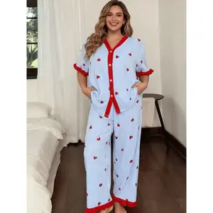 Plus-size striped heart-shaped pajama set for spring and summer, featuring a sweet color contrast and a ruffled button-front design—an elegant, loose home-wear GARMENTARY