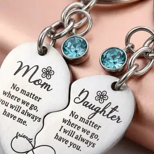 Heart-shaped Stainless Steel Keychain with Gemstone Pendant, Mother-Daughter Matching Keychains, Perfect Gift for Mother's Day and Birthday with Gift B