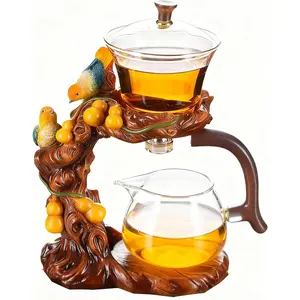 Lazy Kungfu Tea Set Heat Resistant Semi Drip Rotating with Infuser Teapot Set for Gongfu Tea (Gourd Bird)