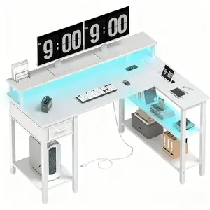 Lufeiya White L Shaped Gaming Desk with Fabric Drawers and Storage Shelves, 47 inch Home Office Desk with Monitor Stand, Computer Desk with LED Lights and Power Outlets, White, Get Free Gift