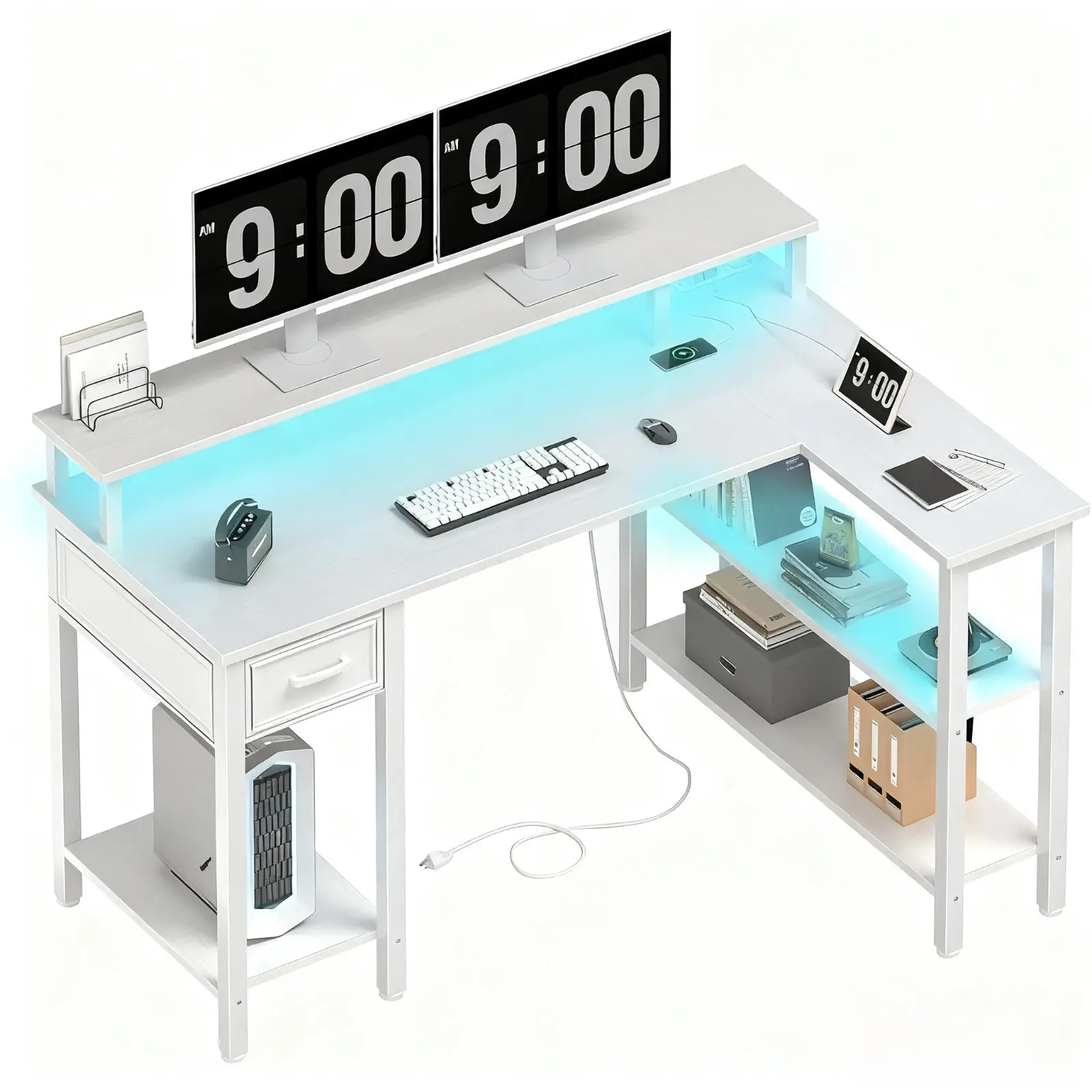 Lufeiya White L Shaped Gaming Desk with Fabric Drawers and Storage Shelves, 47 inch Home Office Desk with Monitor Stand, Computer Desk with LED Lights