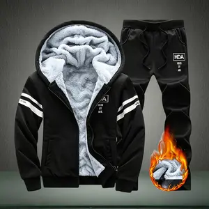Men’s fleece-lined warm sports set, hooded sweatshirt + long pants two-piece set, suitable for casual wear, sports, fitness, cycling