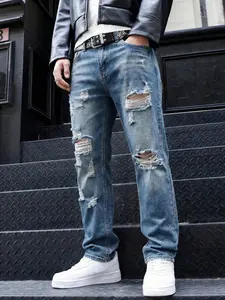 Men's Ripped Denim Jeans, Slim Fit Skinny Pants, Comfortable Conical Leg Design, Casual Fashion, Perfect for Daily Wear