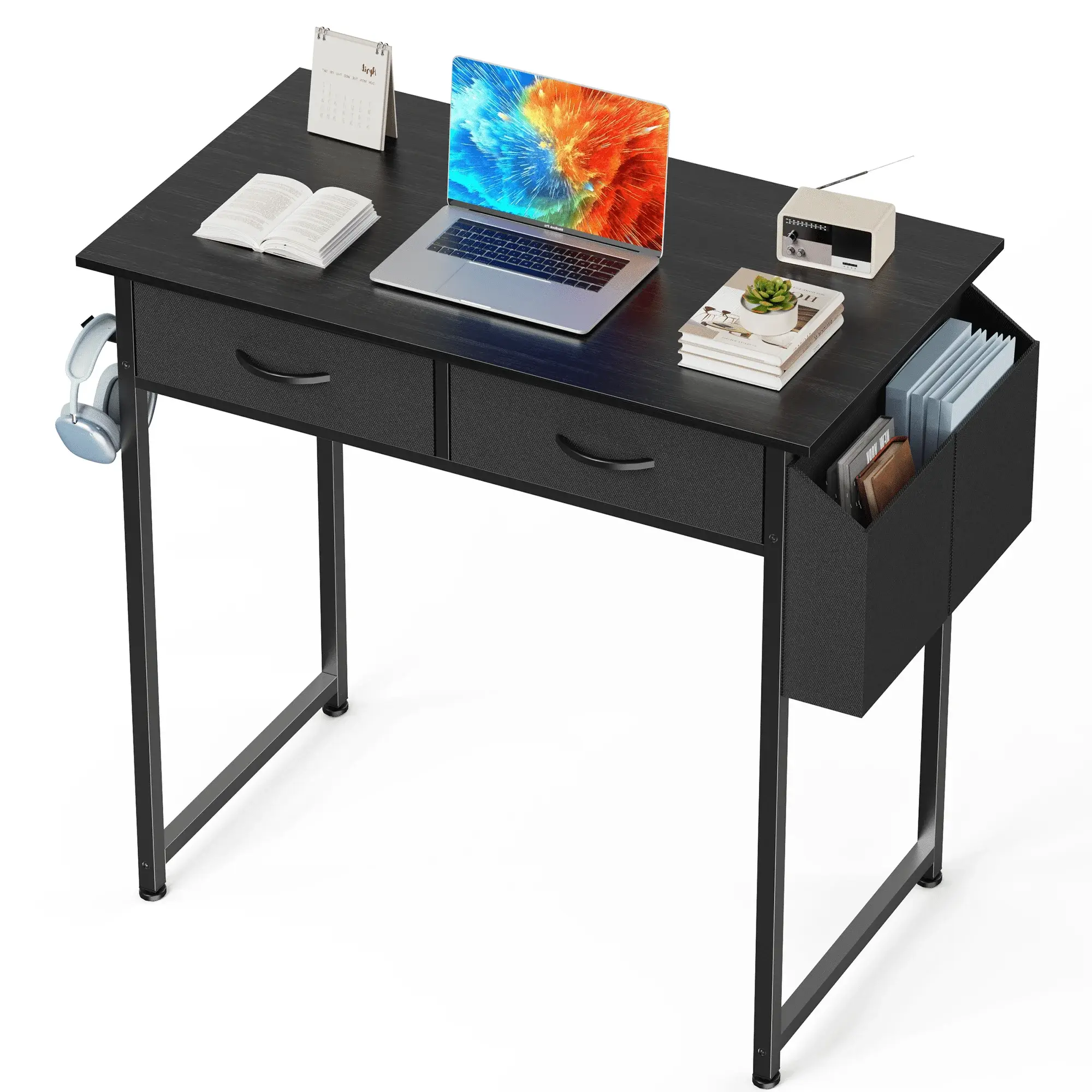 CONCETTA 32 Inch Small Desk with Fabric Drawers & Storage Bag Iron Hook, Computer Desk,White Vanity Desk with Storage for Bedroom Home Office Desk Home Study Table