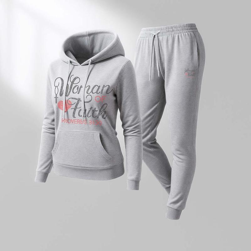 Women's Fath Forerver Print Hoodie And Drawstring Track Pants Set, Casual Sportswear, Long-Sleeved Hooded Jacket And Pants, Suitable For Autumn And Winter, Everyday Wear, Indoor And Outdoor Sportswear, Casual Sportswear.