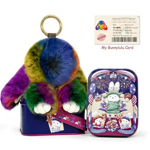 【BunnyLulu】Soft Handmade Bunny PomPom Keychain with Originial Design Tin Box – Cute Bag & Backpack Charm, Fun Gift for Friends or Loved Ones