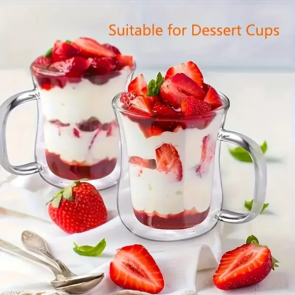 Set of 4 double-walled glass latte cups with handles, made of transparent heat-insulating borosilicate glass; suitable for hot and cold beverages—coffee cup, tea cup, and double-walled cappuccino cup.
