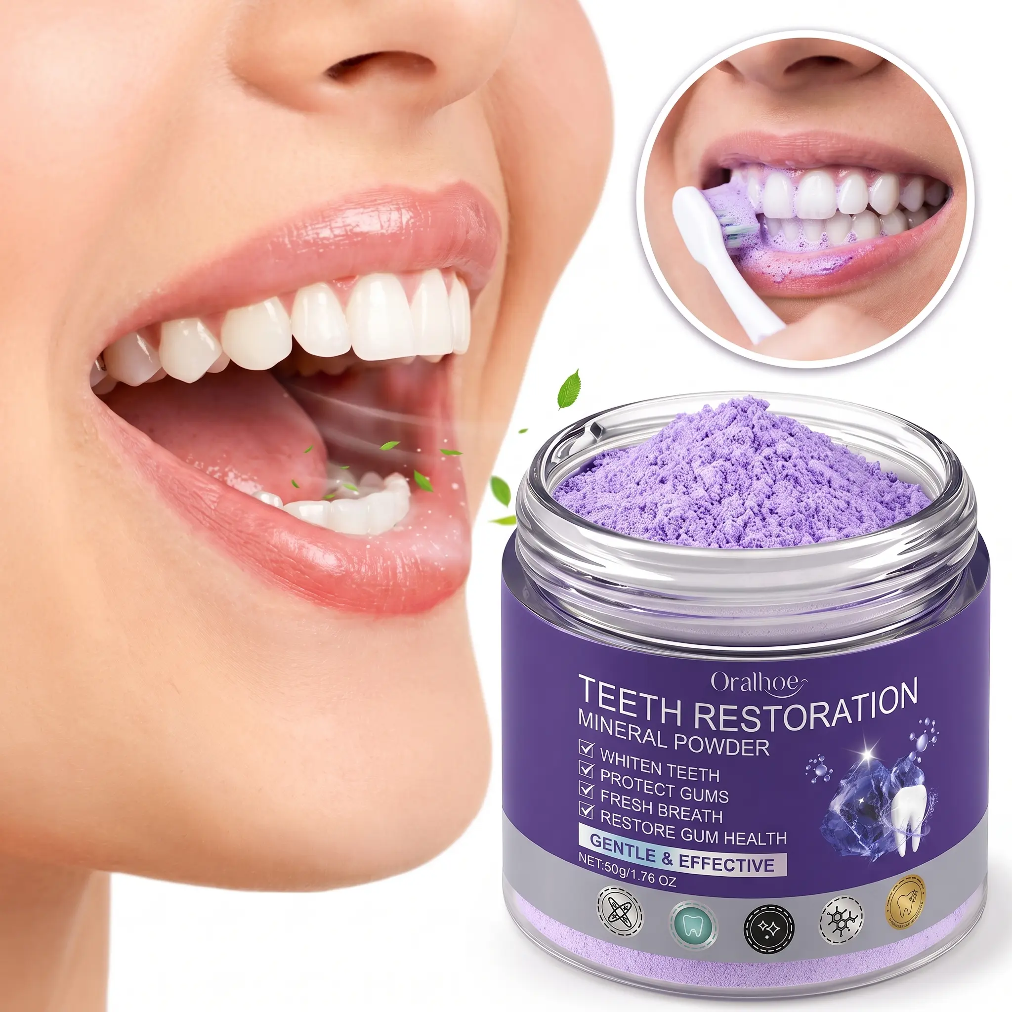 Purple Teeth Whitening Cleanser Powder - 50g Baking Soda Base Violet Color-Correcting Gentle Oral Care Beauty Product, Minty Fresh Breath, Brightens Smiles Daily Routine