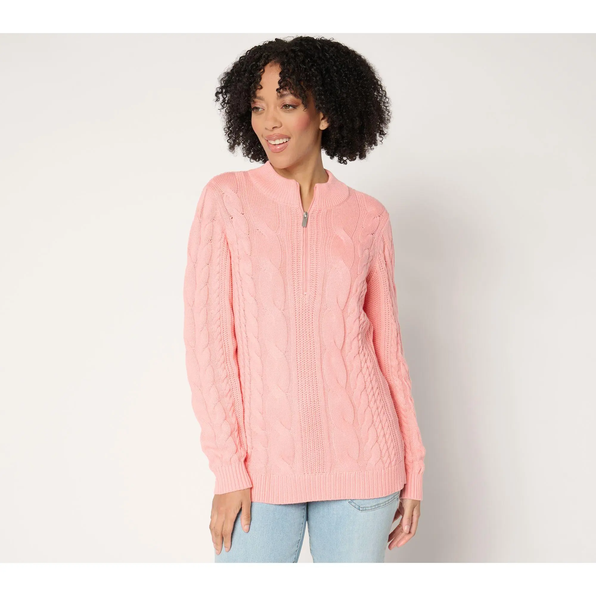 Denim & Co. Half Zip Cable Knit Long Sleeve Sweater
