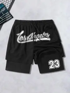 1pc Men's 2-in-1 Mesh Shorts Los Angeles Graphic Double Layer Basketball Shorts Number 23 Print Quick Dry Polyester Breathable Gym Bottoms for Workout