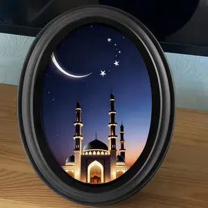 1 PC Ramadan Decoration Islamic Photo Frame, 5x7 Inch Oval Wooden Art with Eid Mubarak Print, Home & Office Desk Decor for Eid Gift