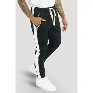 Premium Side Stripe Zip Pocket Track Pants (Black - White)