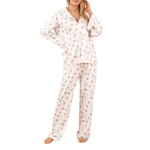 New pajamas, women's home clothes Women Pajamas Lounge Set Strawberry Print Turn-Down Collar Long Sleeve Shirts Tops and Pants 2 Piece Loungewear Outfits loungewear pjs Outdoorfun