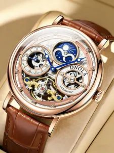 1pcs ONOLA men's mechanical watch featuring a business-style skeletonized dial with a double tourbillon, water-resistant to 30 meters, suitable for everyday wear, dates, and various occasions, Business Automatic Wristwatch