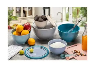 Nonslip Nesting Plastic Assorted Mixing Bowl Set with Lids 10 Pieces in Blue Gray Beige Colors for Mixing and Serving NEW
