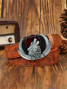 Vintage Punk Men's Belt Color Glazed Wolf Howl Buckle PU Leather Waistband Accessory, Street Style Versatile Cool Personality Pants Strap Fashion Belt