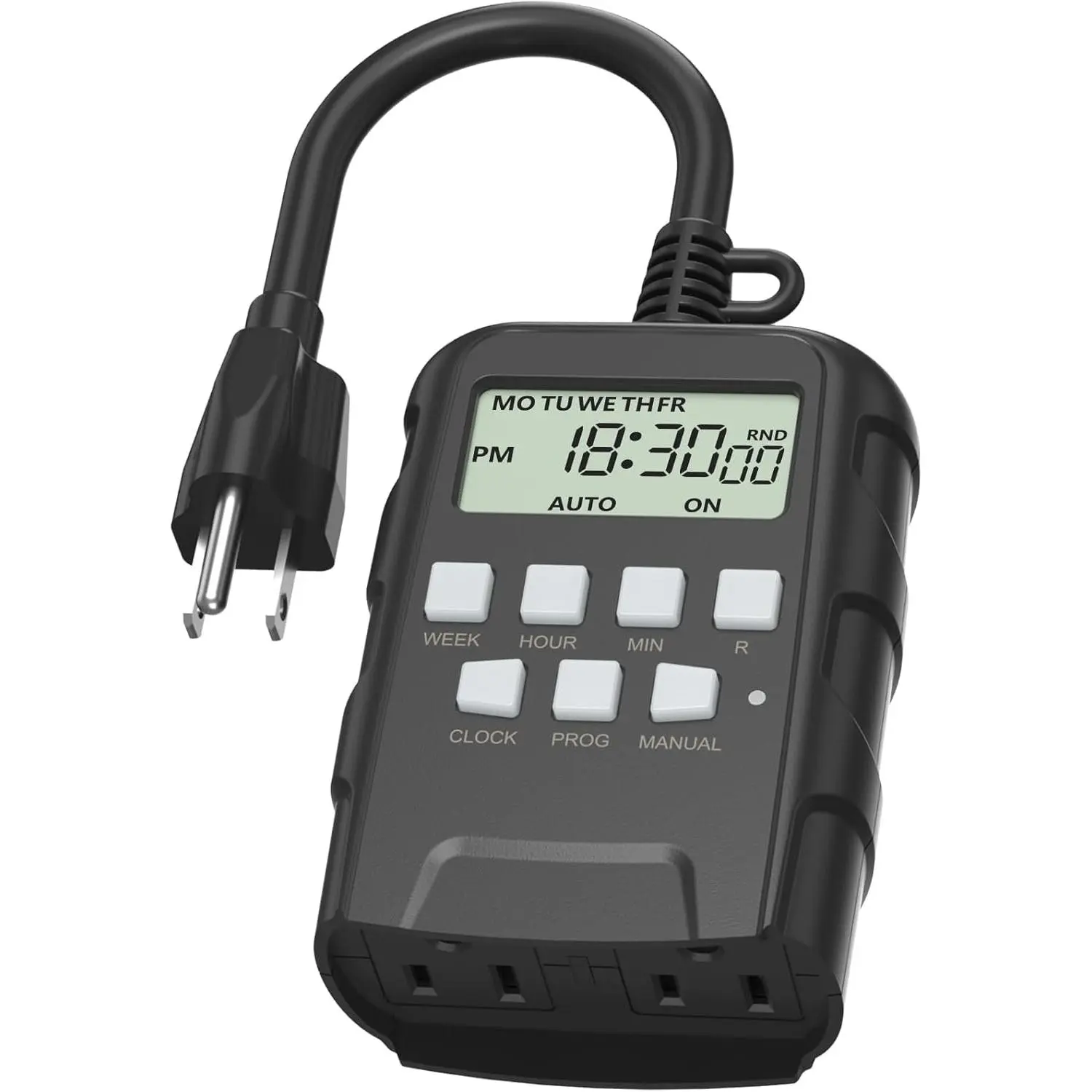 Outdoor Heavy-Duty Digital Outlet Timer - 7-Day Programmable, 125V 60Hz, Dual Outlets, 1875W 1/2HP, ETL Listed for Lamps, Ponds