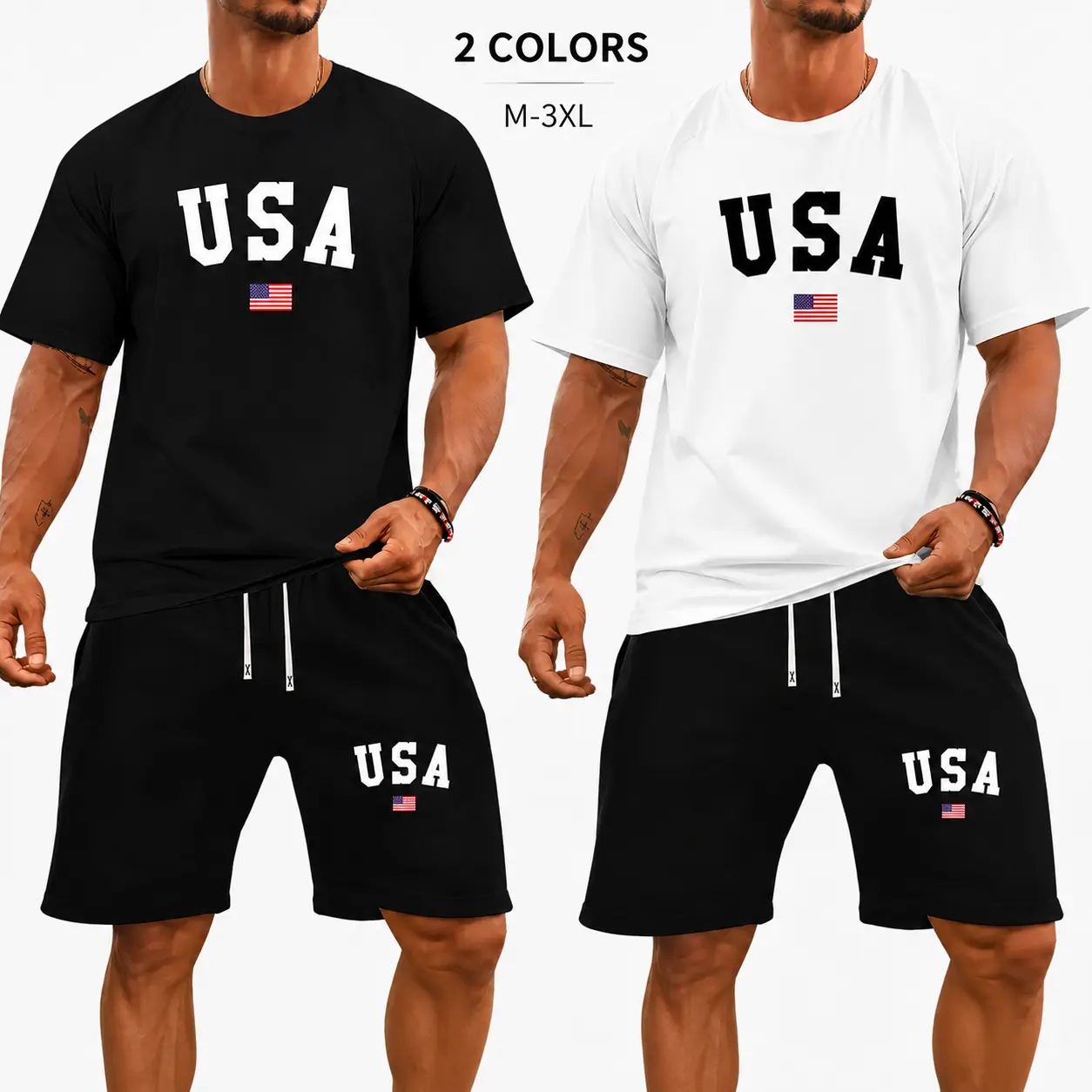Men's USA Graphic Shirt and Shorts Set, 2 Piece Quick Dry Polyester Summer Outfit with Short Sleeve Crew Neck T Shirt and Drawstring Shorts, Athletic Sportswear for Gym, Workout, Jogging, Training, Vacation, Streetwear and Daily Casual Wear