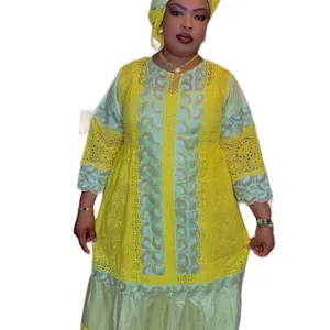 Bazin with Lace Green and Yellow Dress - Elegant African Style for Women