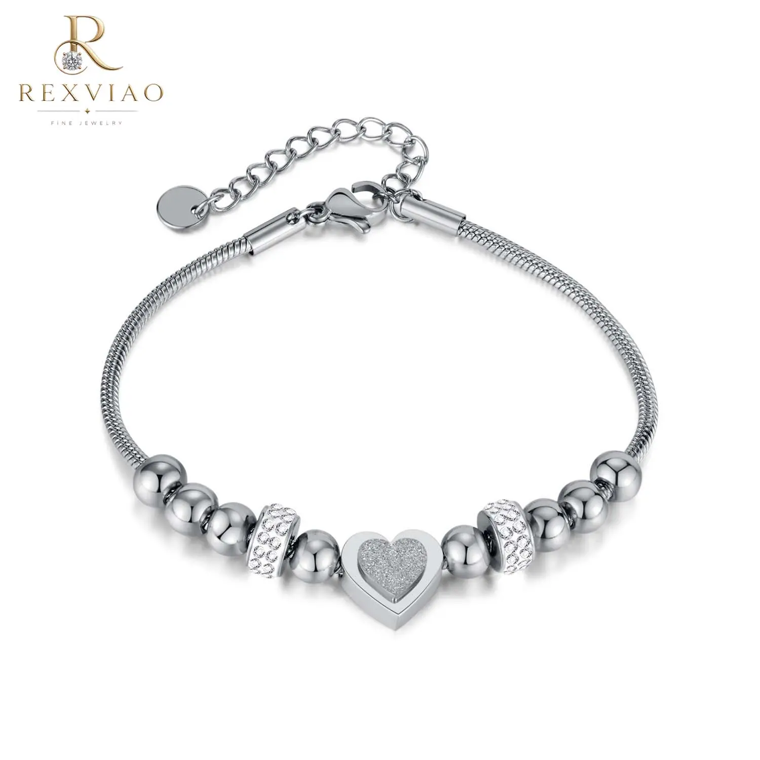 Rexviao Minimalist Titanium Steel Beaded & Matte 3D Heart Bracelet | Versatile & Casual | Perfect for Everyday Wear or Matching Sets with Besties