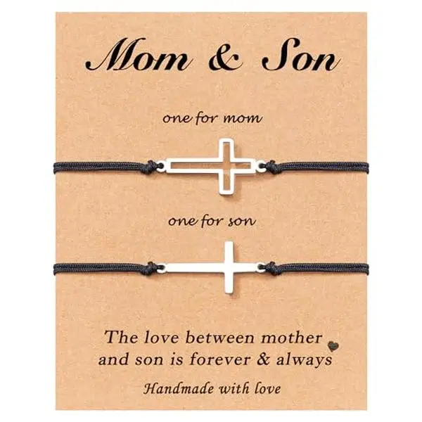 Handmade Pair Adjustable Size Artificial Gemstone Cross Matching Bracelets, Jewelry Gift with Message Card for Family Events, Metal Beads