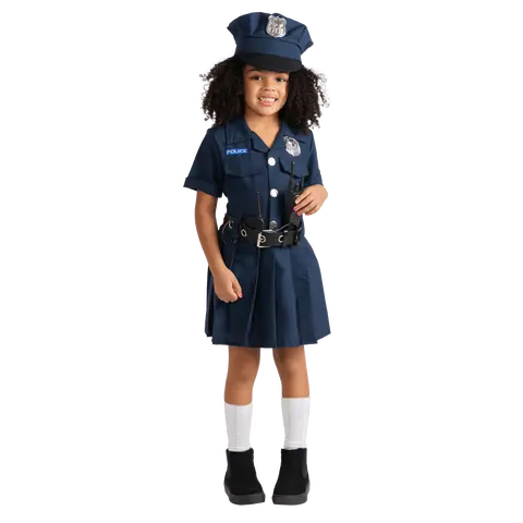 Girl's Navy Blue Polyester Belted Collared Police Officer Dress Up Costume Set - 9-10 Years, Includes Cap, Walkie Talkie, Belt, Abrasion-Resistant Quick-Dry Fabric, Pretend Play, Halloween Cosplay Gift