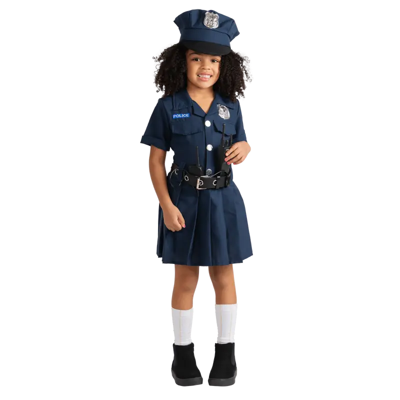 Girl's Navy Blue Polyester Belted Collared Police Officer Dress Up Costume Set - 9-10 Years, Includes Cap, Walkie Talkie, Belt, Abrasion-Resistant Quick-Dry Fabric, Pretend Play, Halloween Cosplay Gift