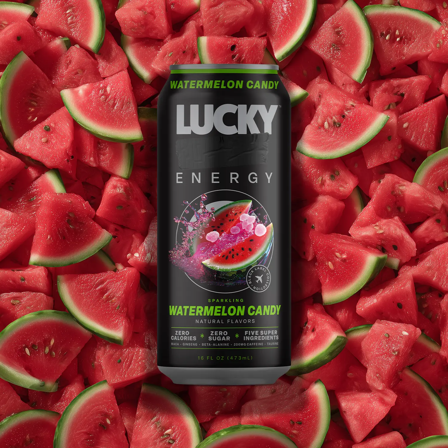 Lucky Energy - Watermelon Candy - Zero Sugar Energy Drink - 16oz Cans - 200mg Caffeine with Maca Ginseng Beta Alanine & Taurine - 12-Pack - Vegan Glut