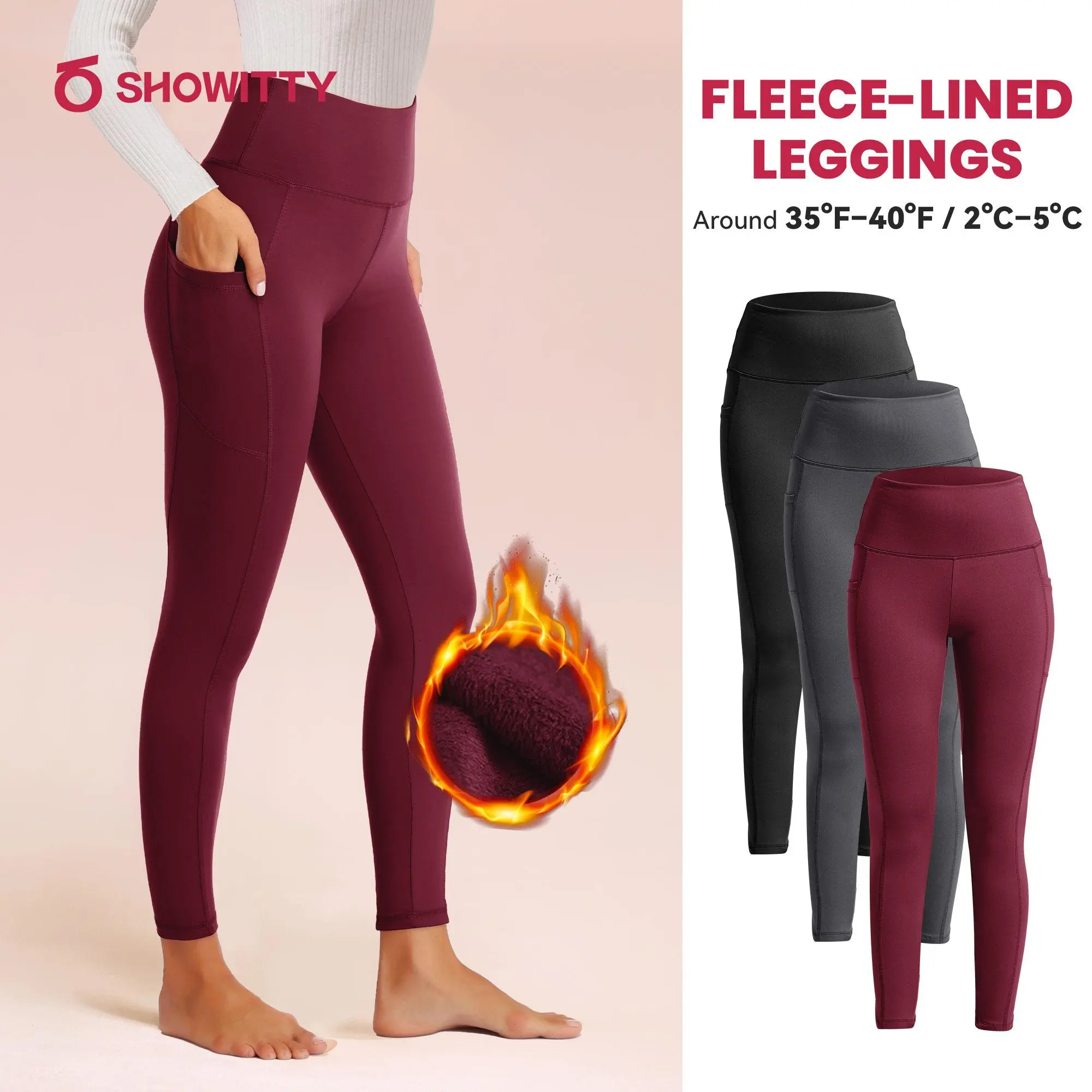 SHOWITTY Women's High Waisted 1/3 Pack Fleece Lined Leggings with Pockets – Thermal Warm Yoga Pants for Winter Workout & Everyday Wear
