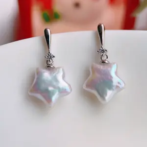 Piswency Star Pearl Earrings, Genuine Freshwater Baroque Pearls Dangle Earrings, 925 Sterling Silver Drop Earrings, Gift for Her