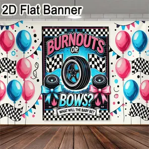 2D flat banner, 1pc gender reveal banner featuring bold text BURNouts OR BOWS?, perfect for gender reveal parties, celebrations, photo backdrops, Party decor. Retro comic book style with typography and colorful elements including pink and blu