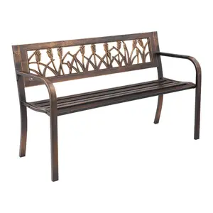 Outdoor Bench, 50 inch, Carbon Steel Metal Frame with PVC Floral Pattern Backrest and Round Armrests, Weatherproof Outside Bench for Patio, Garden, Park, Yard, Front Porch, Antique Bronze