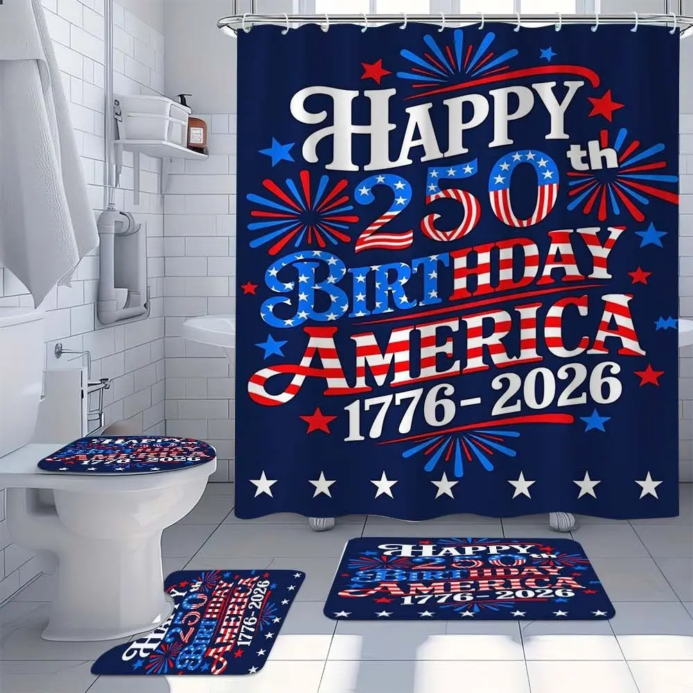 4 PC Celebrate Independence Day with this red white and blue bathroom Shower Curtain Sets, featuring shower curtains floor mats and toilet covers with patriotic designs perfect for home decoration and bathroom renovation ideal for showing American spirit
