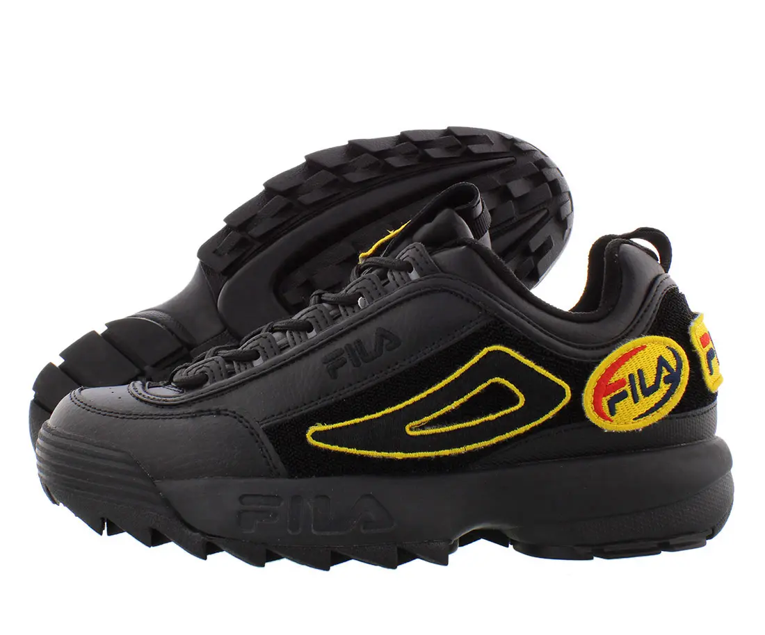 FILA Men's Disruptor II Patches Sneaker with Chunky Platform Sole, Casual Fashion Sports Shoes and Athletic Footwear, Black/Yellow
