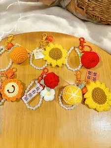 Handmade Crochet Fruit & Flower Keychain Set Cute Knitted Lucky Charm Key Ring with Pearl Chain Aesthetic Backpack Bag Charm Positive Gift for Women Girls