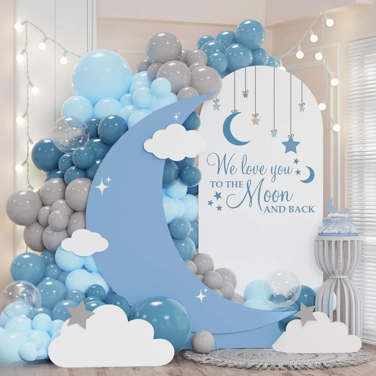 Over The Moon Balloon Garland Arch, 153 count Dusty Blue Pastel Blue Gray Latex Balloons for Boys Happy Birthday  Shower To the Moon and  On Cloud  Party Decorations
