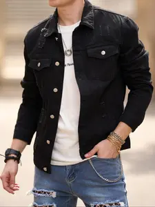 Men's Solid Color Ripped Denim Jacket, Casual Pocket Outerwear, Casual Fashion Comfy Regular Fit Jean Coat for Daily Outdoor Wear, Menswear for All Seasons, Cotton, Casual Style Outerwear, Casual Fitted Jackets