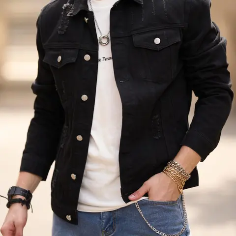 Men's Solid Color Classic Ripped Denim Jacket, Casual Fashion Comfy Regular Fit Jean Coat for Daily Outdoor Wear, Menswear for All Seasons